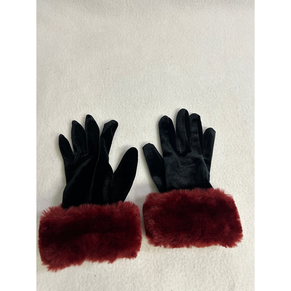 Vintage Glam Unbranded Womens OS Black Burgundy Velvet Faux Fur Trim Gloves